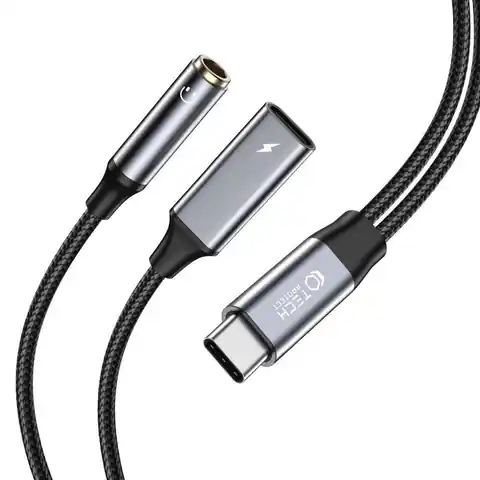 ⁨Kabel Adapter USB-C - USB-C + mini jack 3,5mm Tech-Protect UltraBoost czarny⁩ w sklepie Wasserman.eu