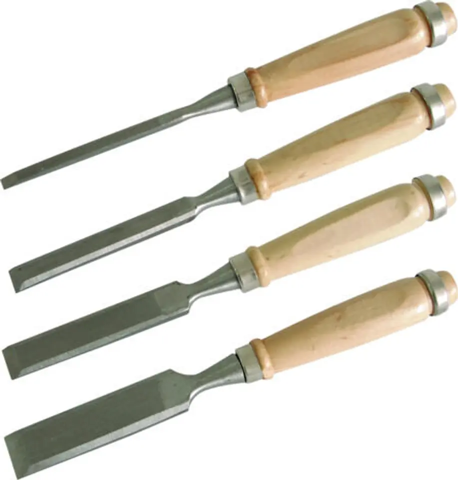 ⁨WOODEN CHISELS WITH LEVEL EDGES. WOODEN HANDLES WITH METAL CHROME PLATED RINGS. BLADES HARDENED AND POLISHED WITH PLASTIC PROTECTION. CONTENTS: 6,12,18,24MM.⁩ at Wasserman.eu