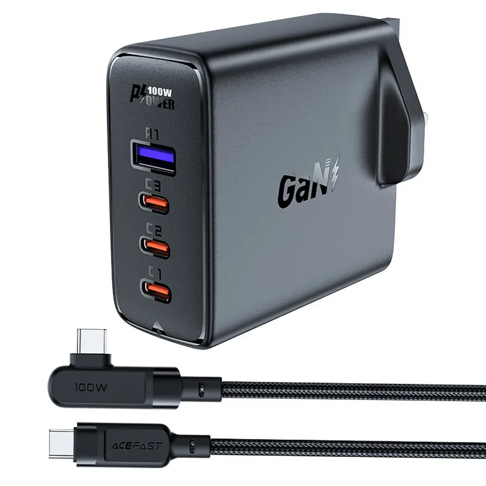 ⁨2w1 Kabel i szybka ładowarka sieciowa GaN wtyczka angielska UK 100W PD 3x USB-C USB czarna⁩ w sklepie Wasserman.eu