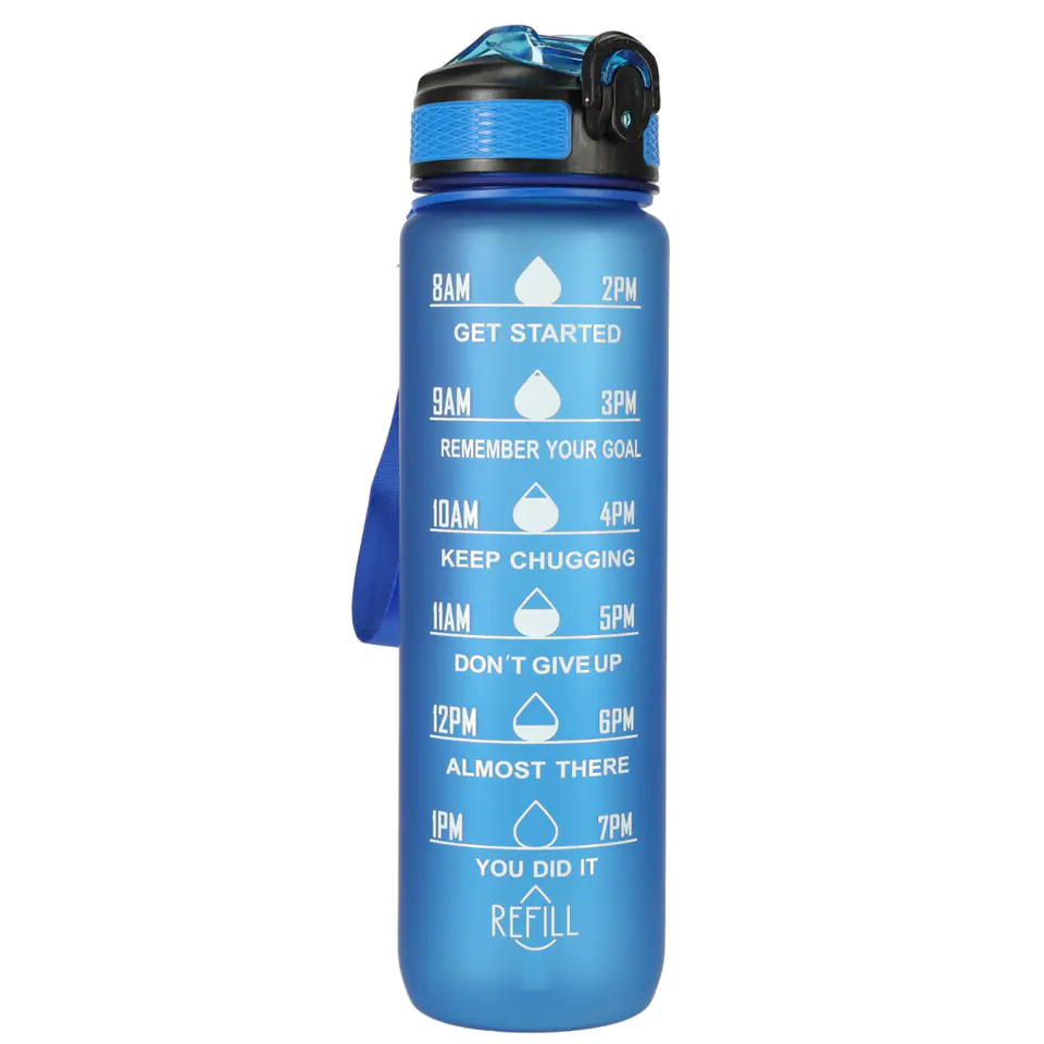 ⁨Butelka na wodę bidon ze słomką uchwytem miarką motywacyjną na siłownię BPA free Tritan 1l niebieska⁩ w sklepie Wasserman.eu