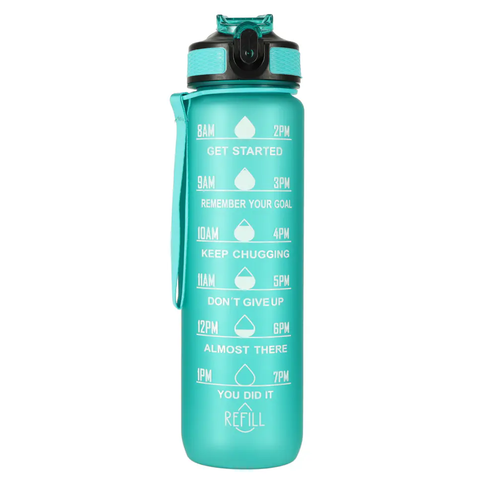 ⁨Butelka na wodę bidon ze słomką uchwytem miarką motywacyjną na siłownię BPA free Tritan 1l zielona⁩ w sklepie Wasserman.eu