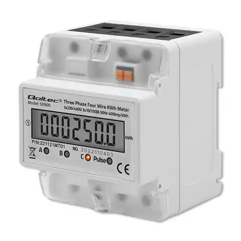 ⁨Qoltec 50900 Three phase electronic energy consumption meter | 230V | LCD | 4P | DIN rail⁩ at Wasserman.eu