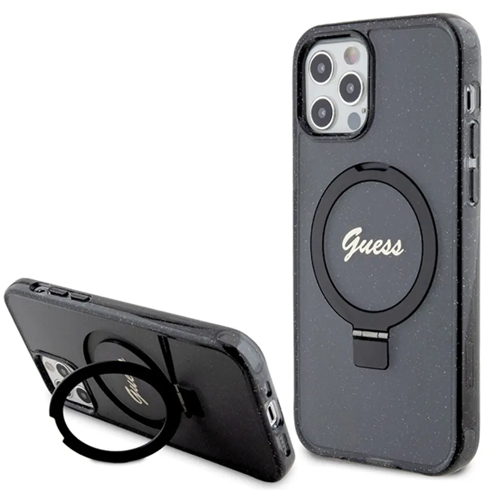 ⁨Guess GUHMP12MHRSGSK iPhone 12/12 Pro 6.1" czarny/black hardcase Ring Stand Script Glitter MagSafe⁩ w sklepie Wasserman.eu