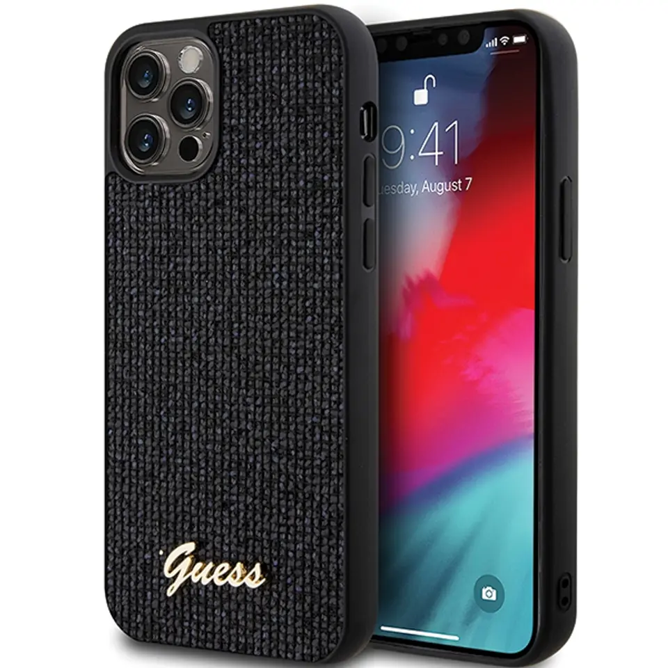 ⁨Guess GUHCP12MPMSDGSK iPhone 12/12 Pro  6.1" czarny/black hardcase Disco Metal Script⁩ w sklepie Wasserman.eu