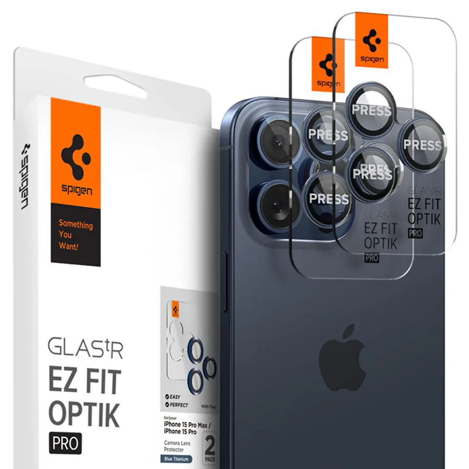 ⁨Spigen Optik.TR EZ Fit Camera Lens Protector - Szkło ochronne na obiektyw do iPhone 15 Pro / 15 Pro Max / iPhone 14 Pro / 14 Pro Max (2 szt) (Blue Titanium)⁩ w sklepie Wasserman.eu
