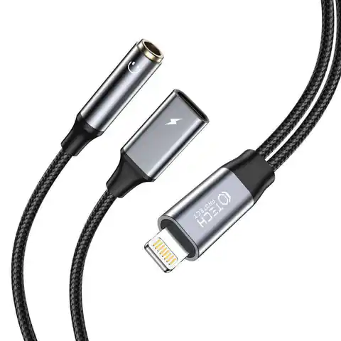 ⁨Kabel Adapter Lightning - Lightning + mini jack 3,5mm Tech-Protect UltraBoost czarny⁩ w sklepie Wasserman.eu