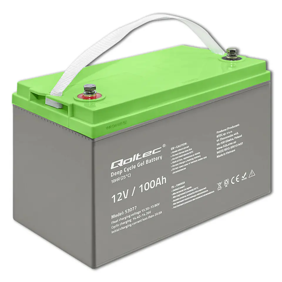 ⁨Qoltec 53077 Deep Cycle Gel Battery | 12V | 100Ah | 30.5kg⁩ at Wasserman.eu