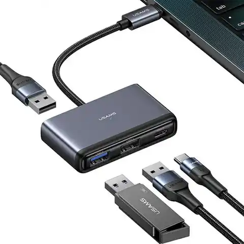 ⁨USAMS Adapter HUB 4w1 2xUSB 2.0/USB 3.0/ USB-C szary/dark grey SJ627HUB01 (US-SJ627)⁩ w sklepie Wasserman.eu