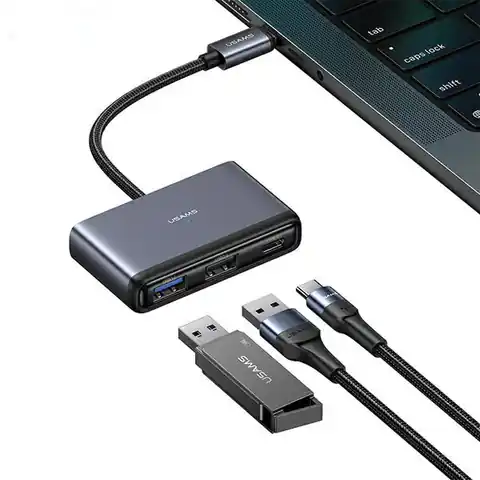 ⁨USAMS Adapter HUB 5w1 USB 2.0/USB 3.0/ USB-C/TF/SD szary/dark grey SJ628HUB01 (US-SJ628)⁩ w sklepie Wasserman.eu