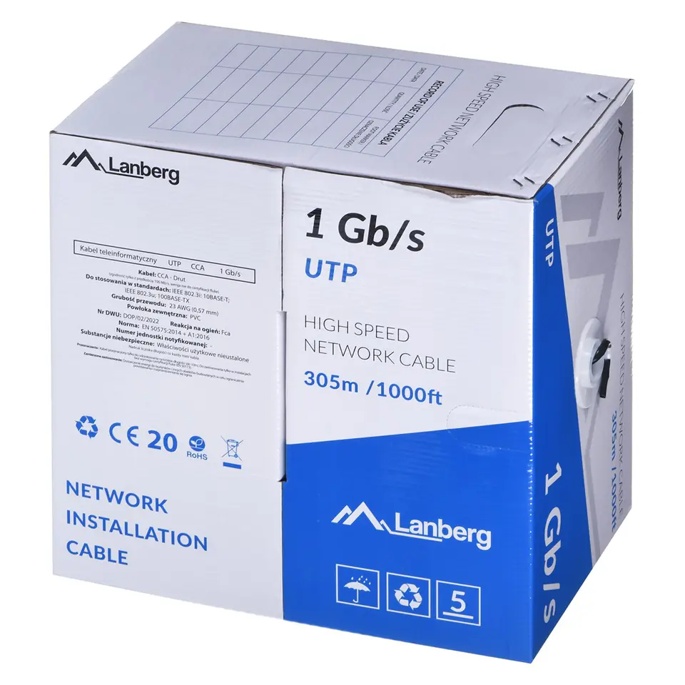 LANBERG KABEL UTP 1GB/S 305M DRUT CCA CZARNY LCU6-10CC-0305-BK w sklepie Wasserman.eu