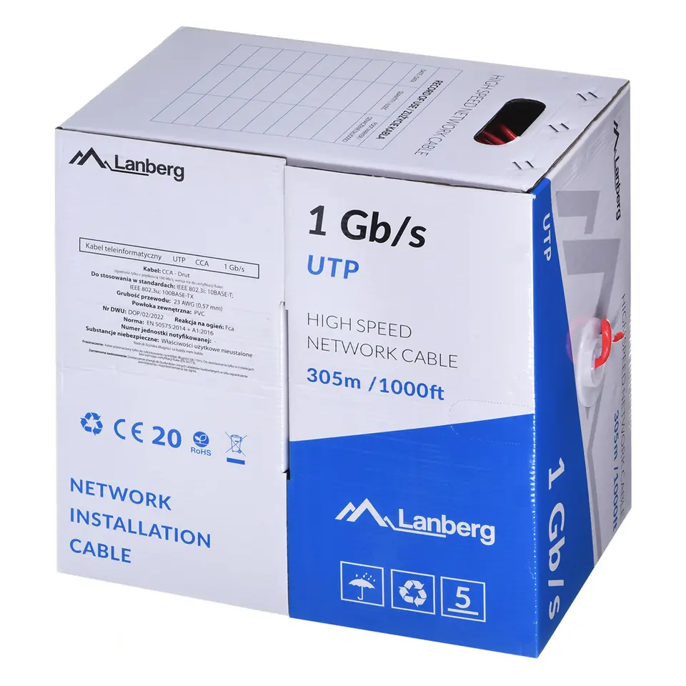 ⁨LANBERG KABEL UTP 1GB/S 305M DRUT CCA CZERWONY LCU6-10CC-0305-R⁩ w sklepie Wasserman.eu