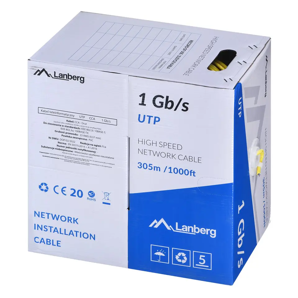 LANBERG KABEL UTP 1GB/S 305M DRUT CCA ŻÓŁTY LCU6-10CC-0305-Y w sklepie Wasserman.eu