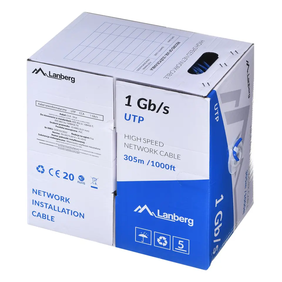 LANBERG KABEL UTP 1GB/S 305M DRUT CCA NIEBIESKI LCU6-10CC-0305-B w sklepie Wasserman.eu