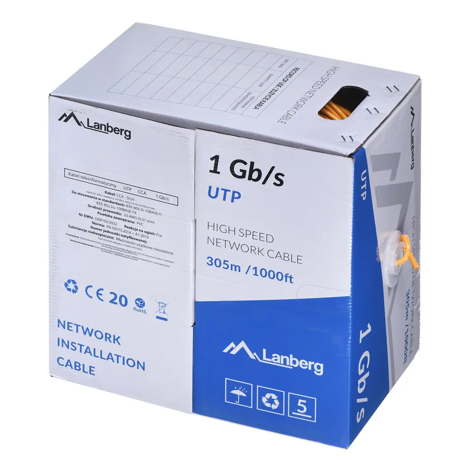 LANBERG KABEL UTP 1GB/S 305M DRUT CCA POMARAŃCZOWY LCU6-10CC-0305-O w sklepie Wasserman.eu