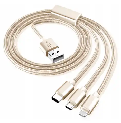 ⁨Kabel 3w1 2.1A 1,2m USB - USB-C + micro USB + Lightning złoty⁩ w sklepie Wasserman.eu