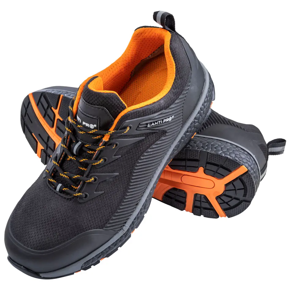 ⁨SHOES, RIP-STOP MESH, BLACK-ORANGE, S1P SRC, "45", CE, LAHTI⁩ at Wasserman.eu