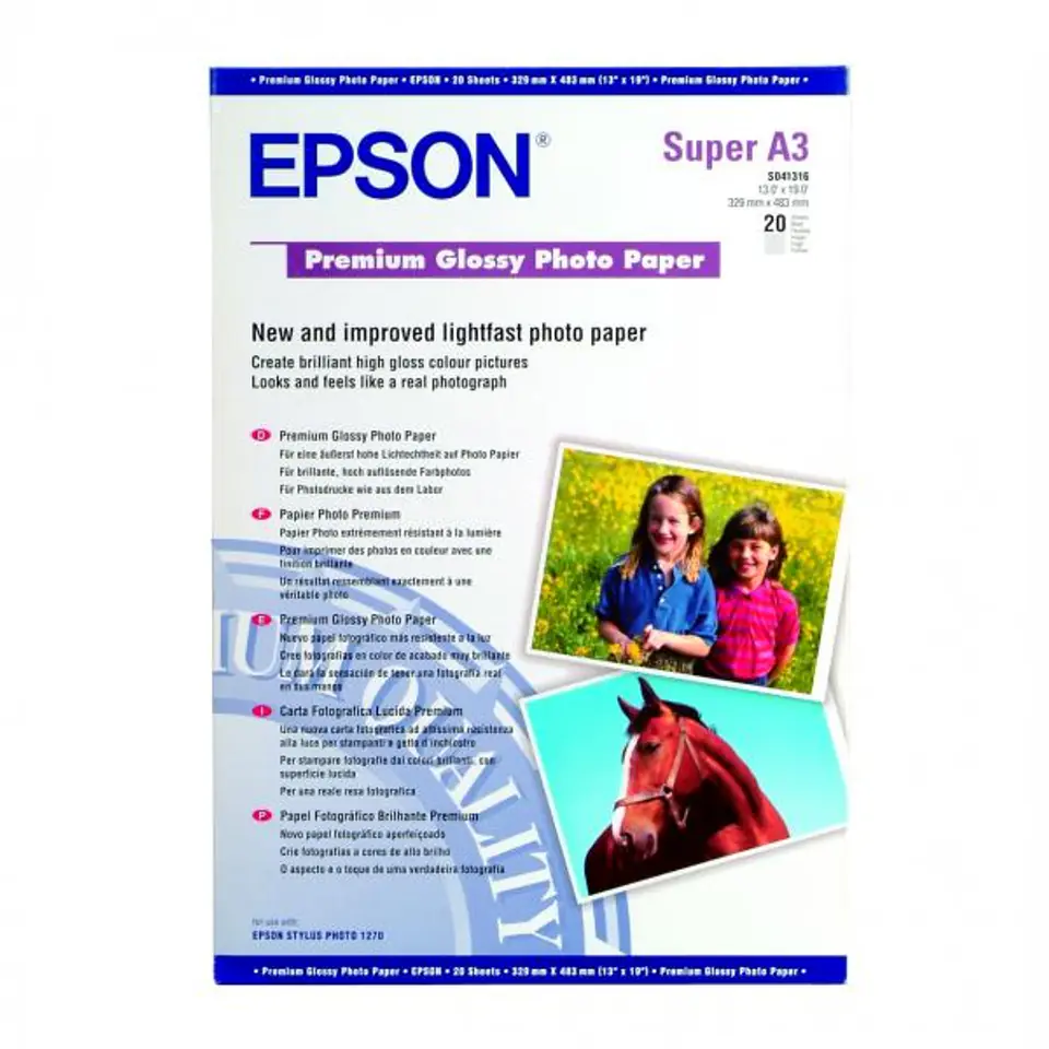 ⁨Epson Premium Glossy Photo Pa, C13S041316, foto papier, połysk, biały, Stylus Photo 890, 895, 1270, 2100, A3+, 255 g/m2, 20 szt.,⁩ w sklepie Wasserman.eu