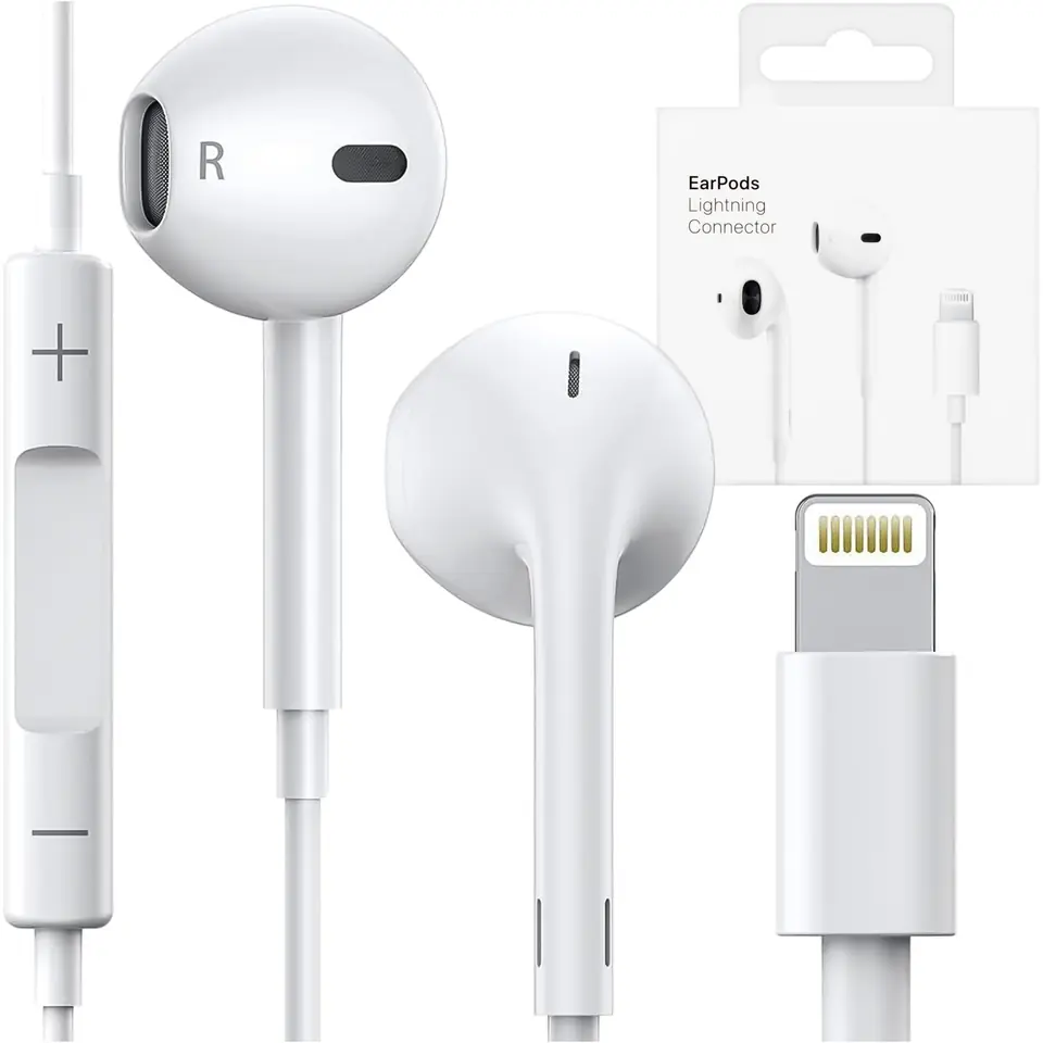⁨Słuchawki douszne przewodowe Lightning do iPhone 14/13/12/11/PRO/MAX/XS/XR/X/SE z mikrofonem EarPhones Białe⁩ w sklepie Wasserman.eu