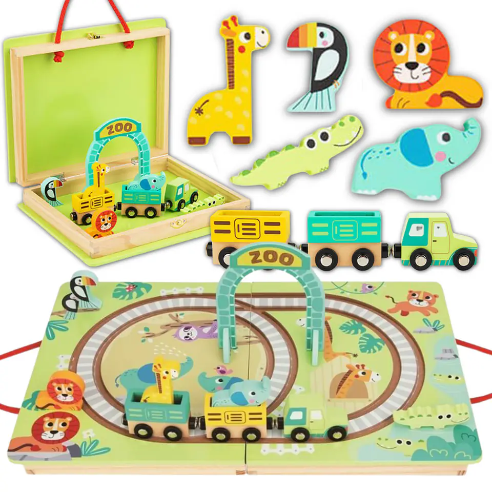⁨TOOKY TOY DREWNIANY POCIĄG KOLEJKA ZOO CIUCHCIA NA MAGNES TOR W WALIZCE⁩ w sklepie Wasserman.eu