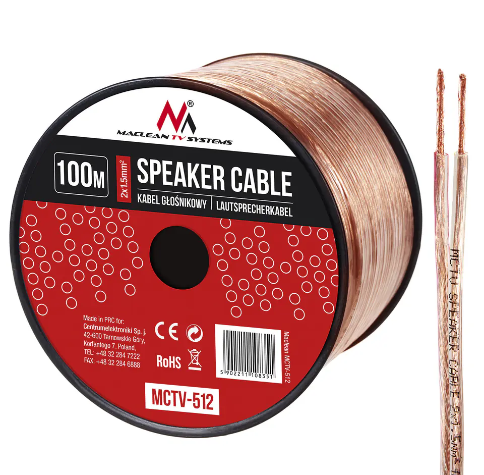 Kabel głośnikowy transparent PVC Maclean, 2*1.5mm2 / 48*0.20 CCA 3,5*7,0mm, 100m, MCTV-512 w sklepie Wasserman.eu