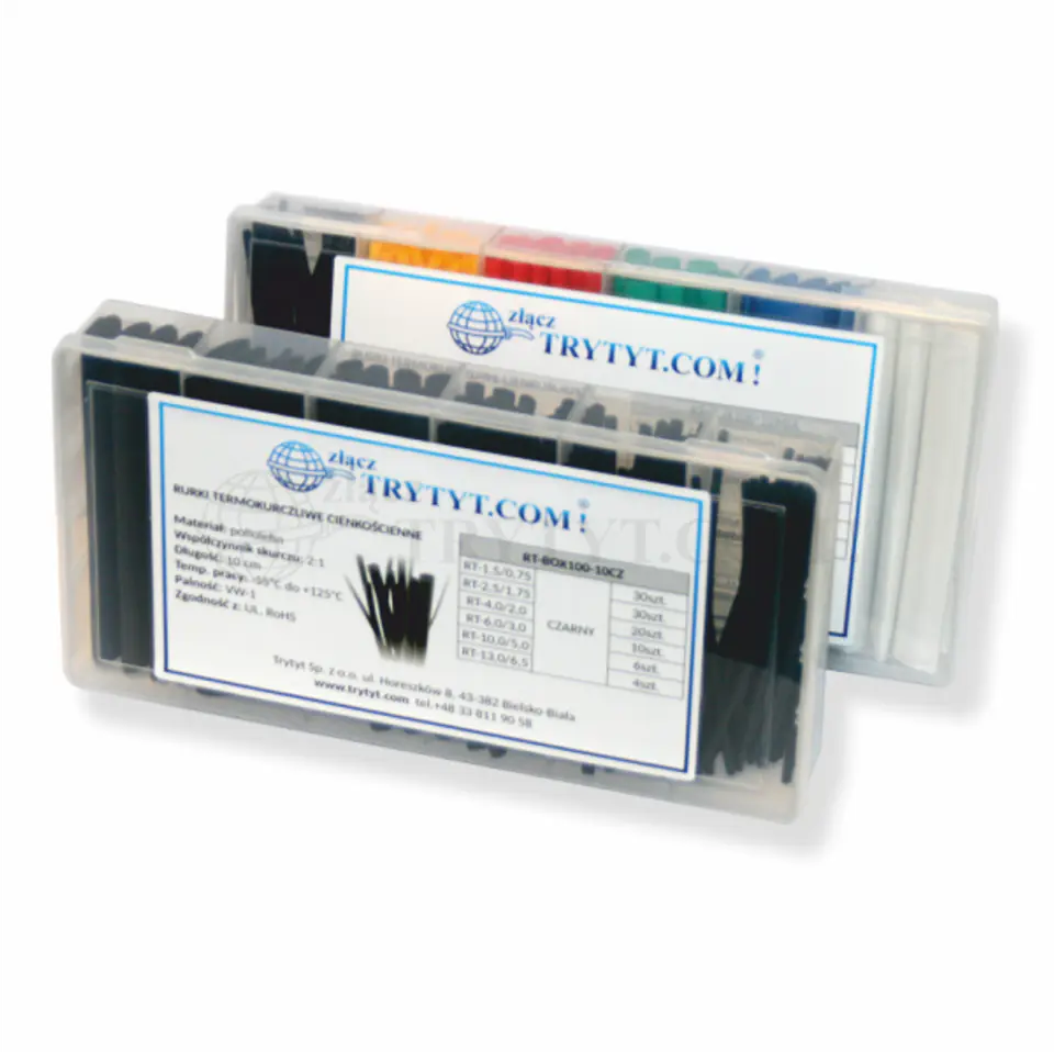 ⁨Zestaw rurek termokurczliwych czarnych RT-BOX100-10CZ⁩ w sklepie Wasserman.eu