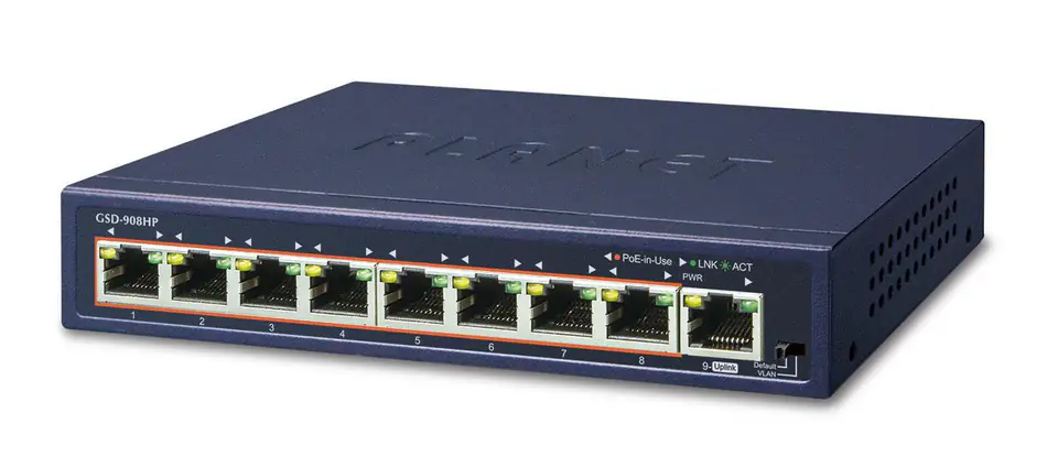 ⁨PLANET GSD-908HP network switch Unmanaged Gigabit Ethernet (10/100/1000) Power over Ethernet (PoE) Blue⁩ at Wasserman.eu