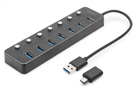 ⁨Hub USB 3.0/Koncentrator 7-portowy USB A + adapterUSB-C 5Gbps z wyłącznikami aluminiowy aktywny⁩ w sklepie Wasserman.eu