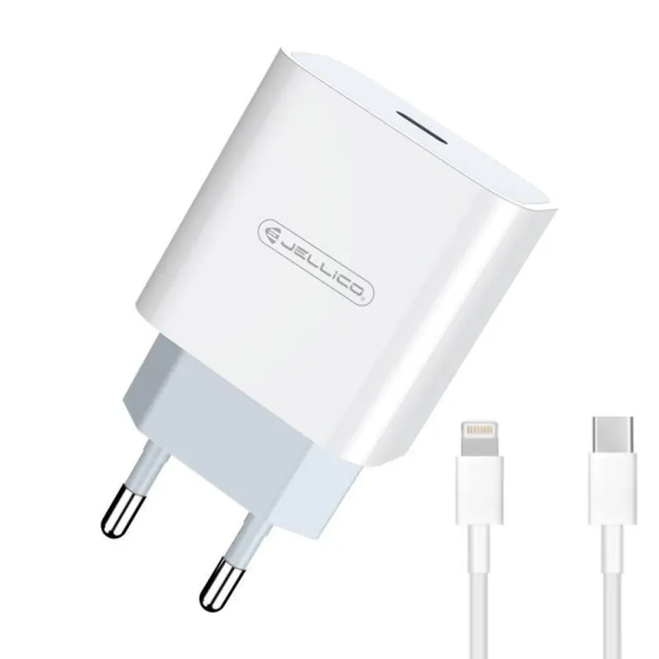 ⁨Ładowarka Sieciowa 20W PD USB-C + Kabel USB-C - Lightning Jellico AK180 białe⁩ w sklepie Wasserman.eu