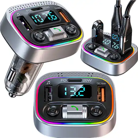 ⁨Transmiter samochodowy Bluetooth FM MP3 Szybka Ładowarka 2 x USB QC 3.0 + USB-C C PD 20W LED RGB  Alogy Car srebrny⁩ w sklepie Wasserman.eu