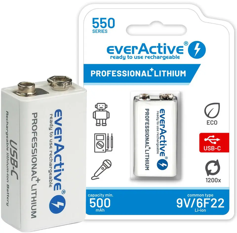 ⁨Akumulatorek 6F22 Li-Ion everActive 9V 550mAh z gniazdem USB-C⁩ w sklepie Wasserman.eu