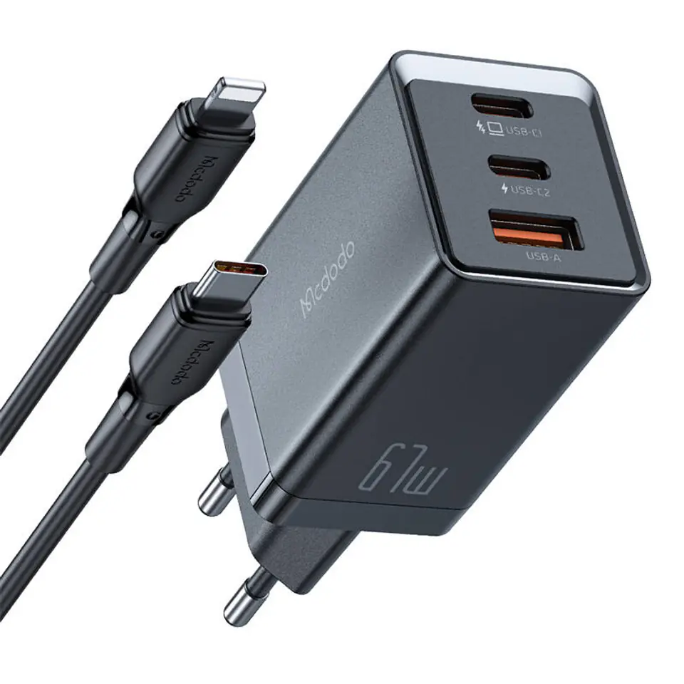 ⁨Ładowarka sieciowa GaN Mcdodo CH-1544, 2x USB-C, 1x USB, 67W + kabel USB-C do USB-C (czarna)⁩ w sklepie Wasserman.eu