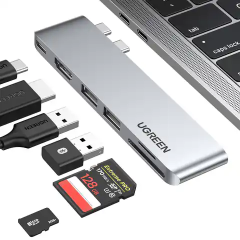 ⁨Rozdzielacz portów HUB MacBook Air Pro 2x USB-C HDMI 2x USB 3.0 SD TF PD szary⁩ w sklepie Wasserman.eu