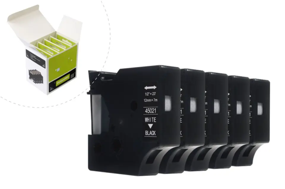 Taśma JetWorld Zamiennik Dymo D1 Biały na Czarnym 12mm x 7m (5szt.) LM100, LM100+, LM200, LM300, LM400, LM420P, LM350, LM350D, LM360D, LM450D, LM260P, LM120P, LM500TS, LM160, LM210D, LM280, LM150, LM220 (45021) (S0720610) w sklepie Wasserman.eu