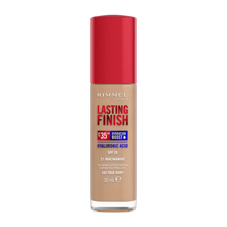 ⁨Rimmel Lasting Finish 35H silnie nawilżający i długotrwale kryjący podkład do twarzy z filtrem SPF20 103 True Ivory 30ml⁩ w sklepie Wasserman.eu