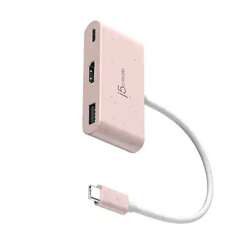 ⁨Stacja dokująca j5create Eco-Friendly USB-C to HDMI & USB Type-A with Power Delivery 1xHDMI/1xUSB 3.1/1xUSB-C; kolor różowy JCA379ER-N⁩ w sklepie Wasserman.eu