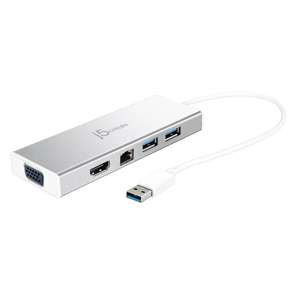 ⁨Stacja dokująca j5create USB3.0 Mini Dock 1x HDMI/1xVGA/2xUSB 3.1/1xMicro USB/1xRJ45 Gigabit; kolor srebrny JUD380-N⁩ w sklepie Wasserman.eu