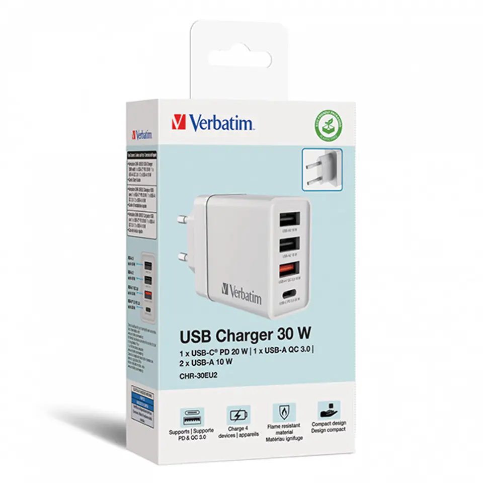 ⁨Verbatim Zasilacz / sieciowy adapter 30W, 4-portowy, 1x USB-C, 3x USB-A⁩ w sklepie Wasserman.eu