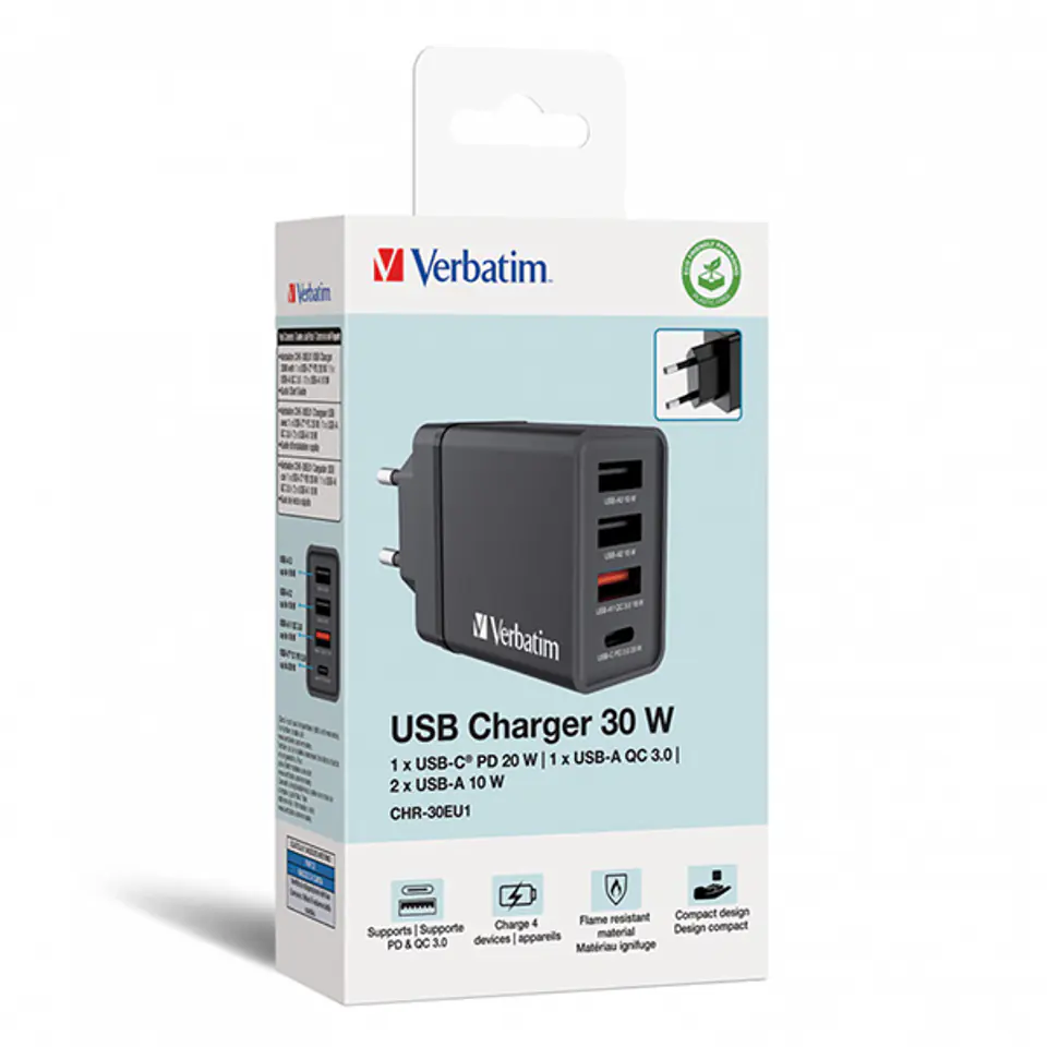 ⁨Verbatim Zasilacz / sieciowy adapter 30W, 4-portowy, 1x USB-C, 3x USB-A⁩ w sklepie Wasserman.eu