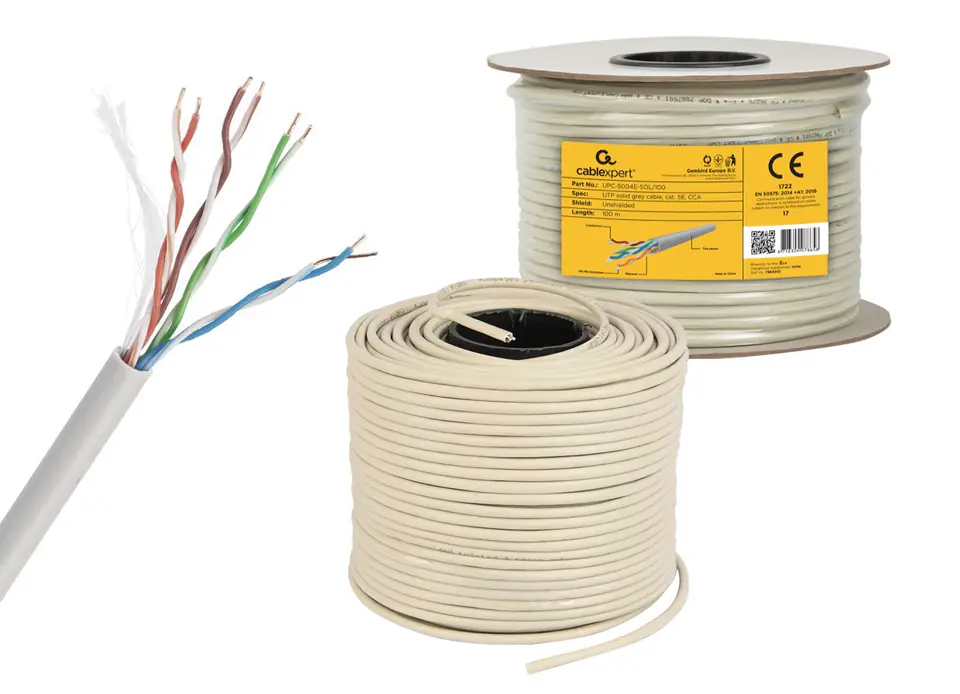 ⁨Gembird CAT5e UTP LAN cable (CCA), solid, 100m, grey⁩ at Wasserman.eu