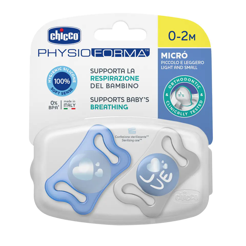 ⁨CHICCO PHYSIO MICRO 0–2M Smoczek silikonowy, do uspokajania, niebieski, 2 szt.⁩ w sklepie Wasserman.eu