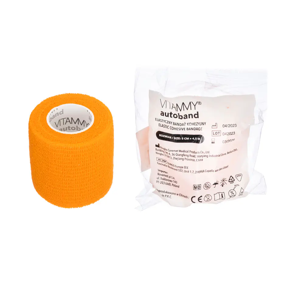⁨VITAMMY AUTOBAND POMARAŃCZOWY 5cm x 450cm Elastyczny bandaż kohezyjny samoprzylepny⁩ w sklepie Wasserman.eu