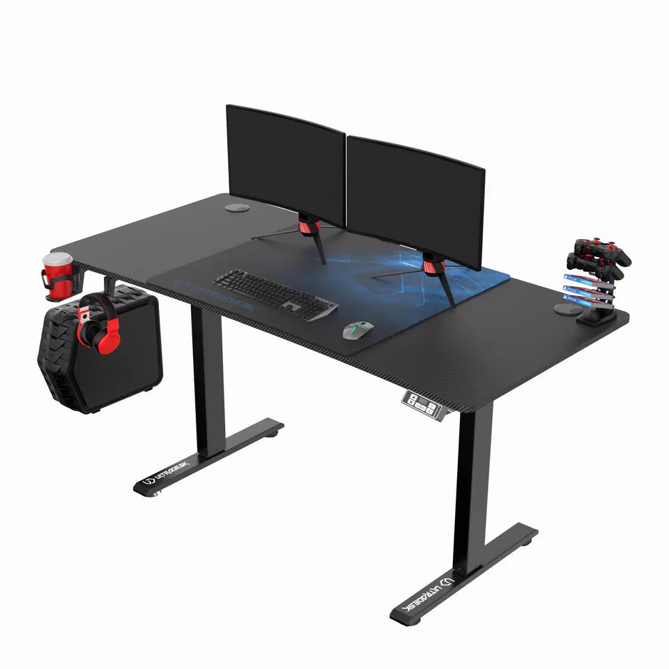 ⁨ULTRADESK LEVEL BLUE gaming desk, 140x66cm, 72-124cm, electronically adjustable, with XXL mouse pad, headphone holder⁩ at Wasserman.eu