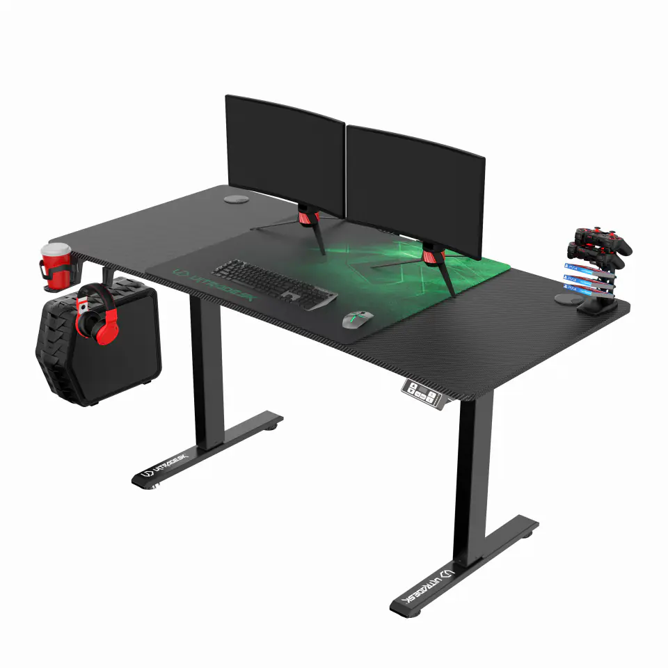 ⁨ULTRADESK LEVEL GREEN gaming desk, 140x66cm, 72-124cm, electronically adjustable, with XXL mouse pad, headphone holder⁩ at Wasserman.eu