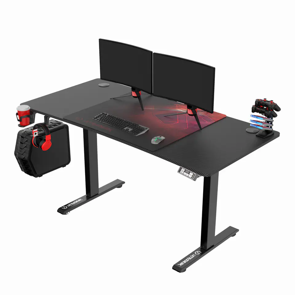 ⁨ULTRADESK Biurko dla gracza LEVEL V2 RED, 140x68cm, 72-117cm, elektycznie regulowany, z podkładką pod mysz XXL, uchwyt na słuchawk⁩ w sklepie Wasserman.eu