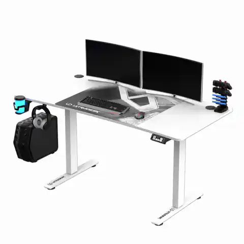 ⁨ULTRADESK LEVEL WHITE gaming desk, 140x66cm, 72-124cm, electronically adjustable, with XXL mouse pad, headphone holder⁩ at Wasserman.eu