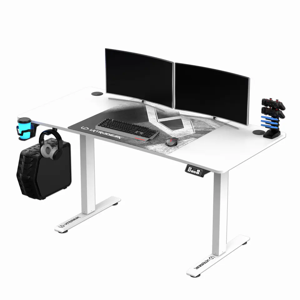 ⁨ULTRADESK Biurko dla gracza LEVEL V2 WHITE, 140x68cm, 72-117cm, elektycznie regulowany, z podkładką pod mysz XXL, uchwyt na słucha⁩ w sklepie Wasserman.eu