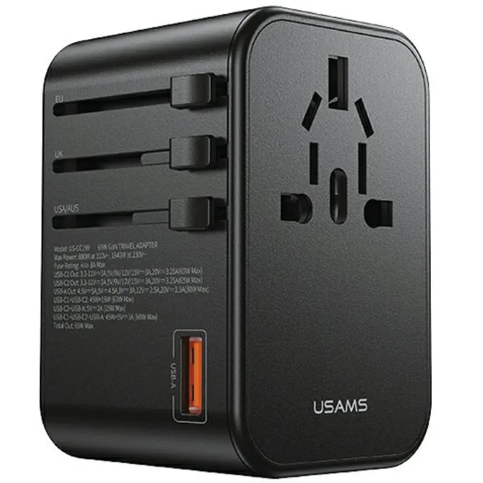 ⁨USAMS Adapter siec 1xUSB+2xUSB-C T62 65W 4w1 US/AU/EU/UK czarny/black CC199TC01 (US-CC199) Univesal Travel Charger⁩ w sklepie Wasserman.eu