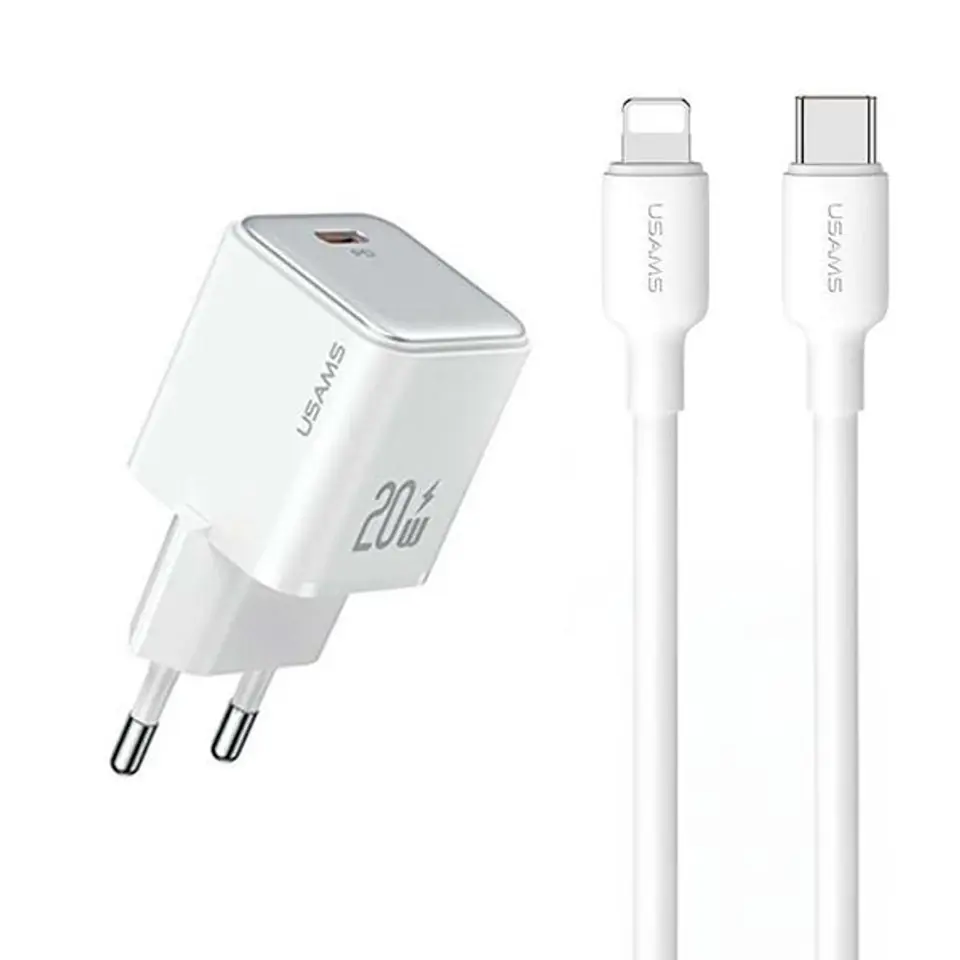 ⁨USAMS Ład. siec. 1xUSB-C PD20W PD3.0 Fast Charging US-CC183 + kabel USB-C/Lightning US-SJ610 biały/white YX Series YXXLOGTC03⁩ w sklepie Wasserman.eu