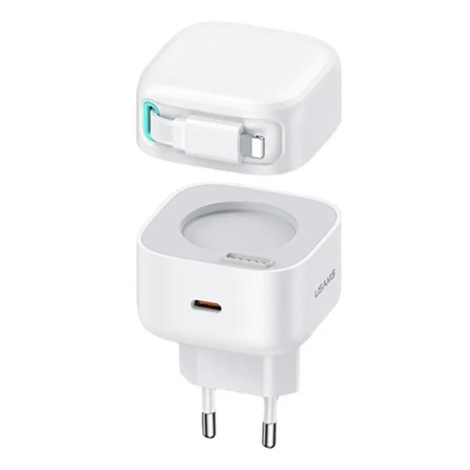 ⁨USAMS Ład. siec. 1xUSB-C ze zwijanym kablem Lighning Retractable PD+QC 35W Gan Fast Charging biały/white XMF Series CC209TC02 (US-CC209)⁩ w sklepie Wasserman.eu