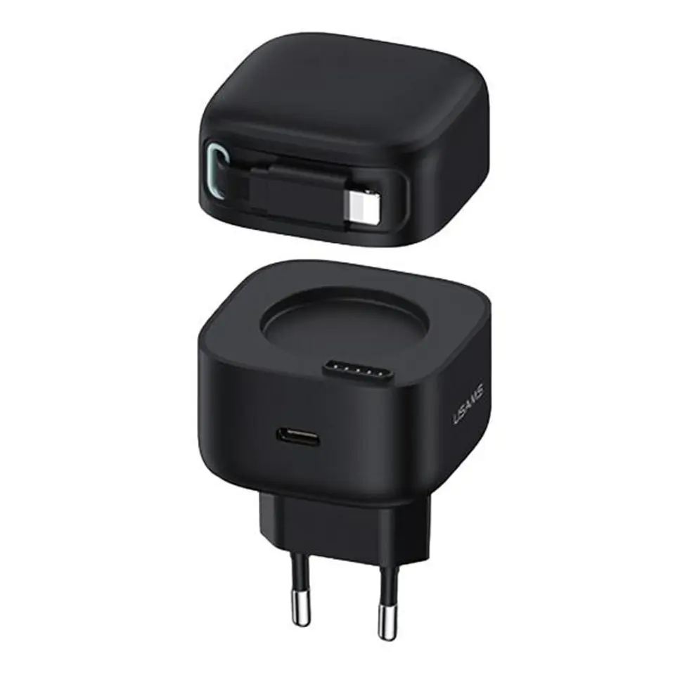 ⁨USAMS Ład. siec. 1xUSB-C ze zwijanym kablem Lighning Retractable PD+QC 35W Gan Fast Charging czarny/black XMF Series CC209TC01 (US-CC209)⁩ w sklepie Wasserman.eu